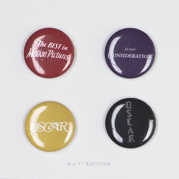 Pack includes four 1in metal buttons with vintage Oscars® designs. Academy Museum Store exclusive. Red The Best in Motion Pictures Purple For Your Consideration Gold Oscar® retro logo Black Oscar® retro logo